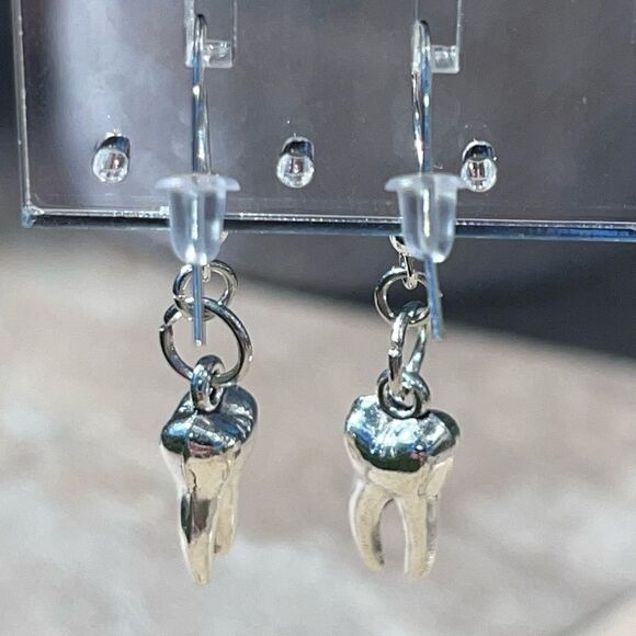 SIMPLE SILVER TOOTH FAIRY DROP EARRINGS - Picture 4 of 8